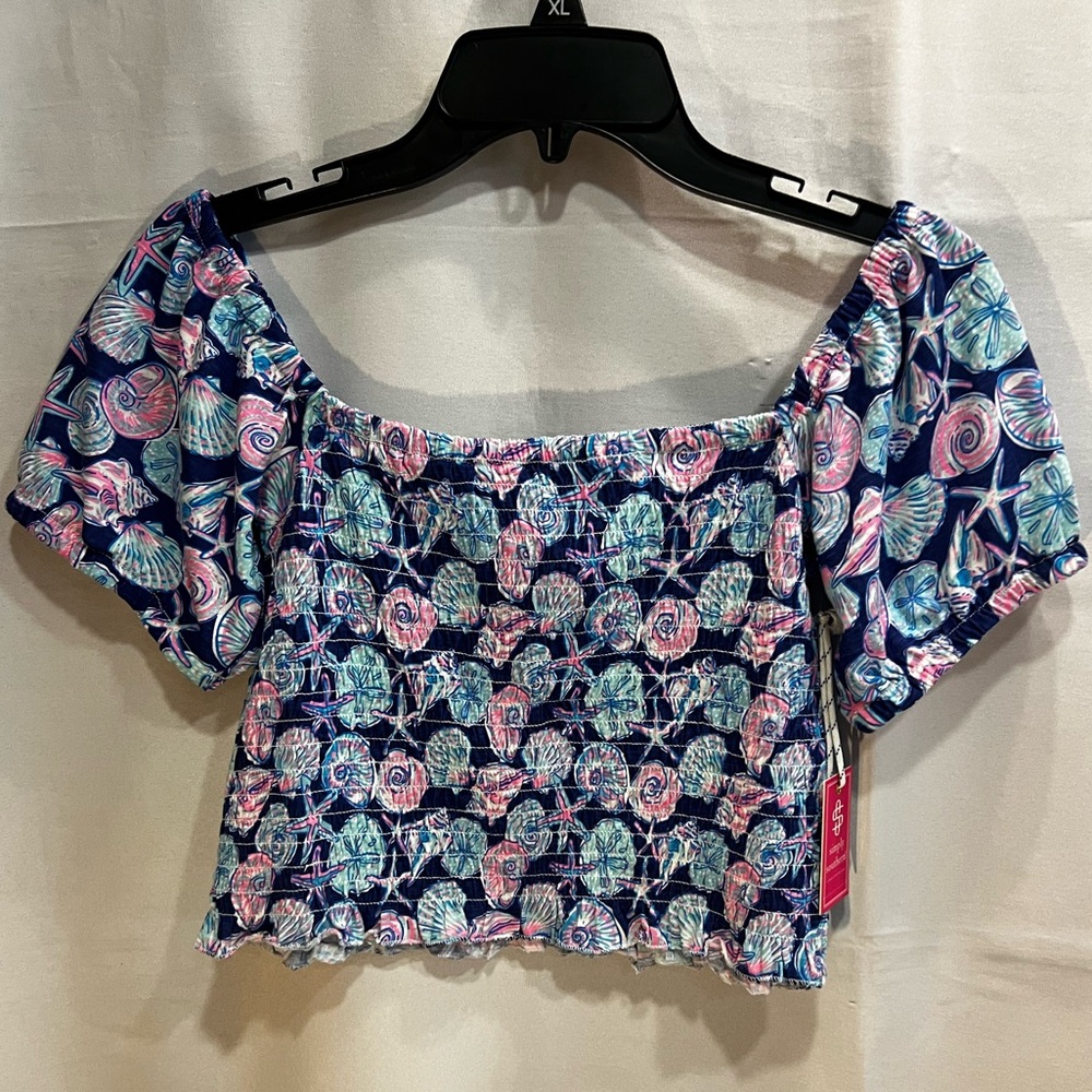 NWT Simply Southern Off Shoulder Crop Top Blue Pink Shell Print Size Medium